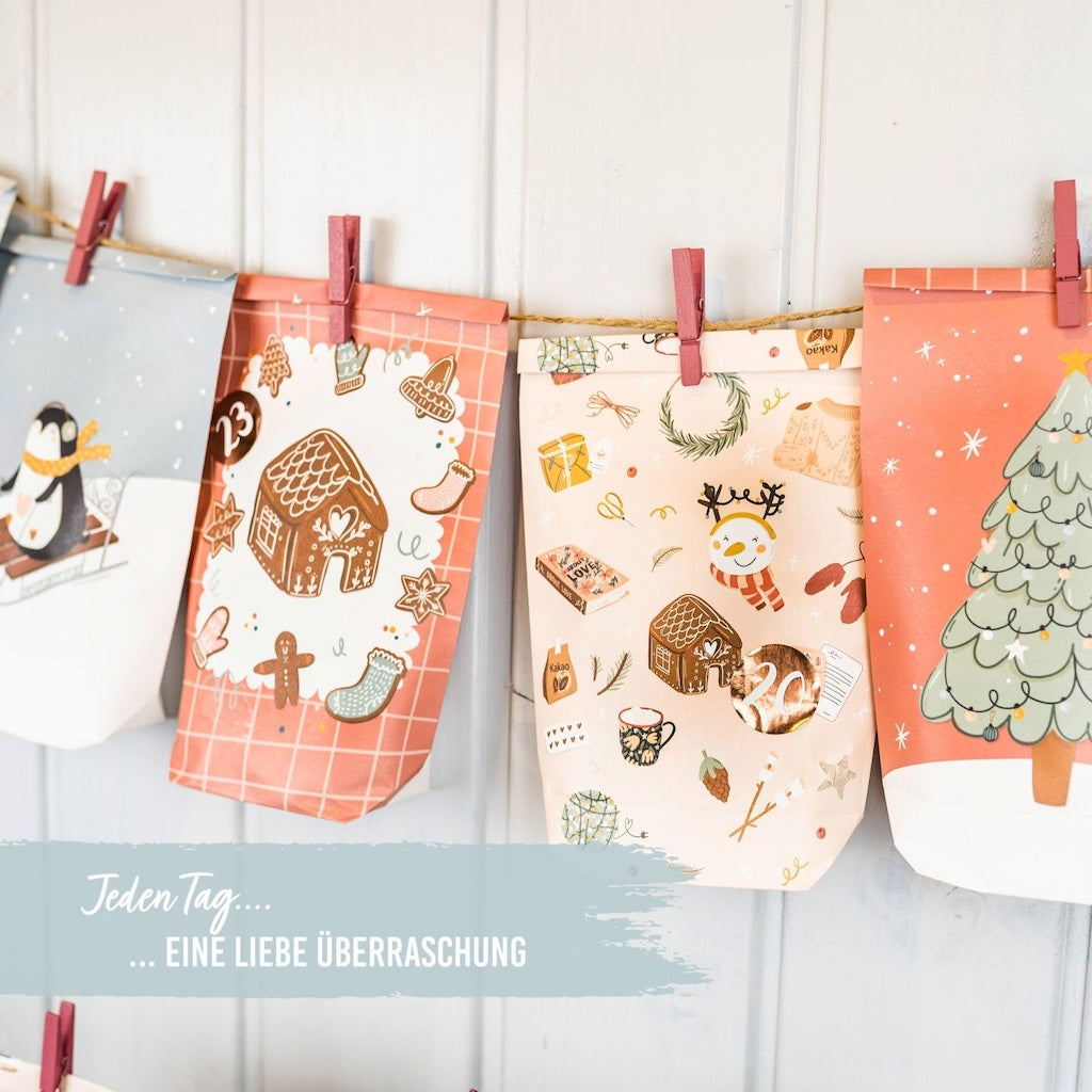 Adventskalender mit bedruckten Tüten – Eisblau