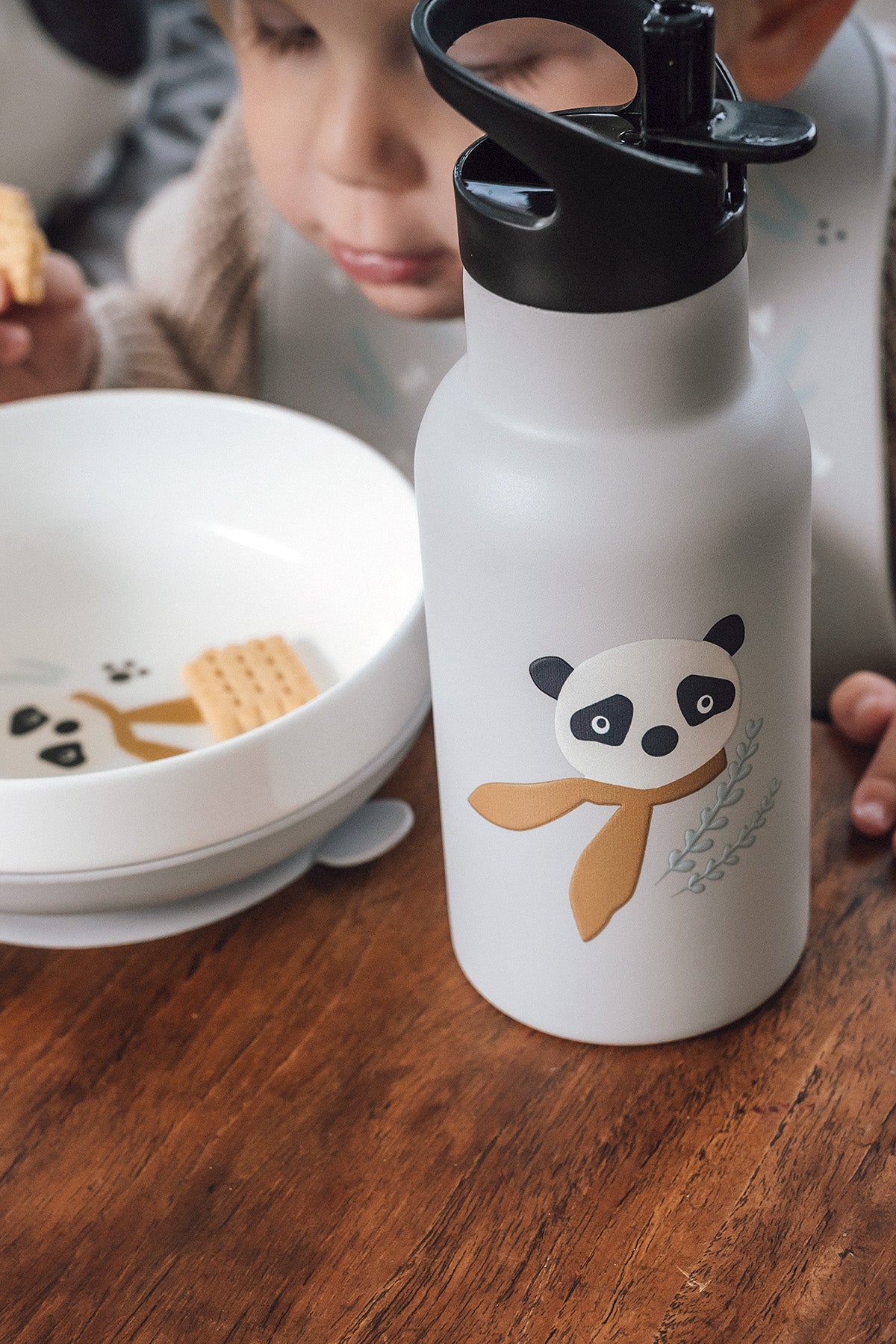 Edelstahl-Trinkflasche Panda Silber Grau